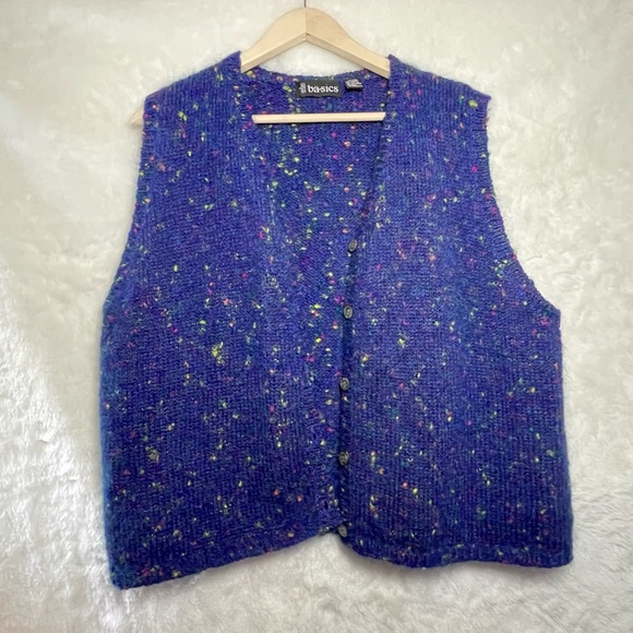 Blue knit mohair vest with buttons - Picture 1 of 8